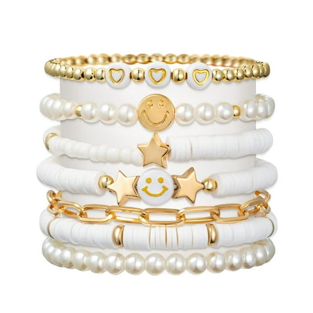 7PCS Cute Kids Bracelet with Smile and Star Charm, Stretch Bohemian Jewelry Gift for Women & Teens