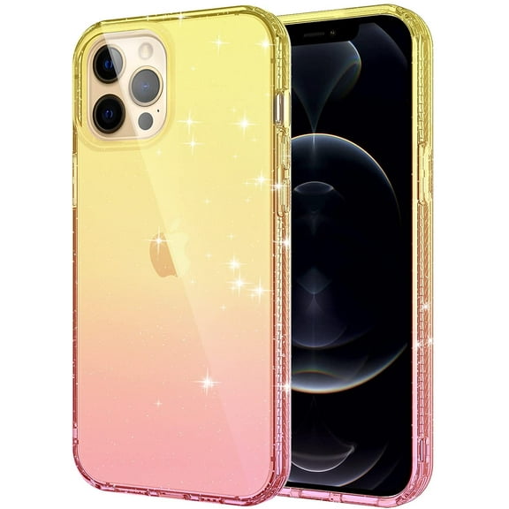 KIQ iPhone 13 Pro Max Case Glitter, TPU Womens Cell Phone Protective Case Cover (Yellow/Pink)