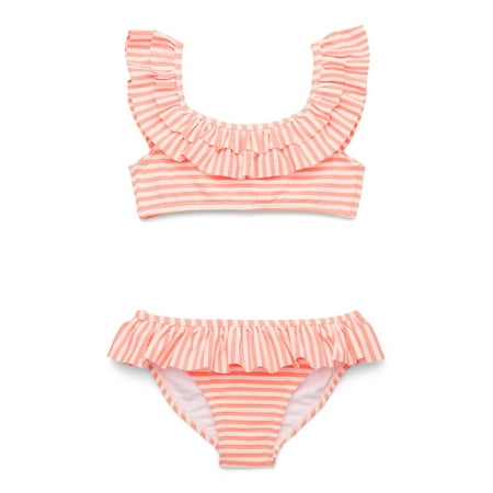 Wonder Nation Girls' Seersucker Ruffle Bikini and Scoop Bottom Swimsuit Set with UPF 50+, 2-Piece, Sizes 4-18