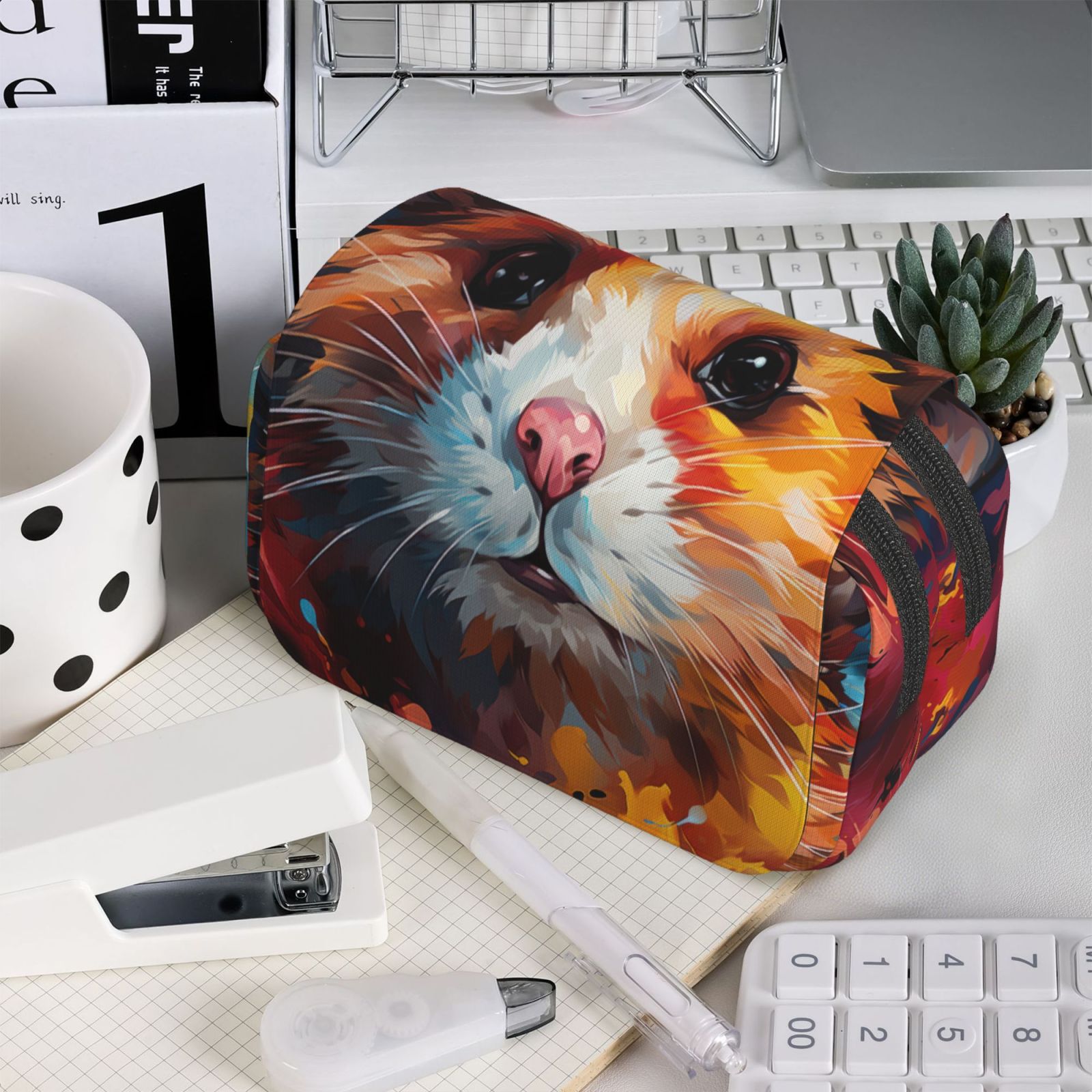 Rateoe Oil Painting Colorful Hamster Pattern Double Clamshell Pen Case, Storage Organizer with Two Zipper Compartments– Holds Up to 50 Pencils & Pens
