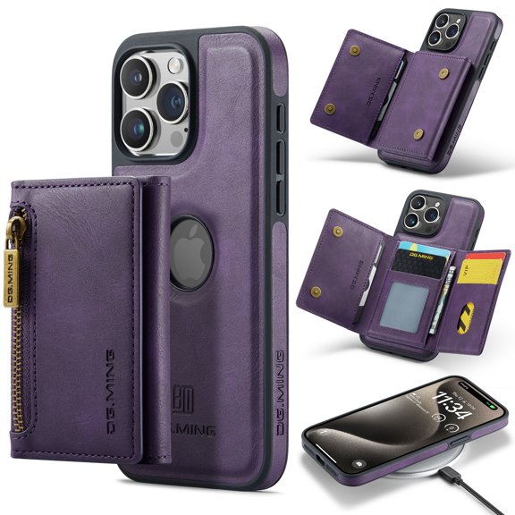 ELEHOLD for iPhone 11 Detachable Wallet Case Premium PU Leather 2-in-1 Magnetic Removable Zipper Card Holders RFID Blocking Logo Hollow View Shockproof Protection Kickstand Case,purple