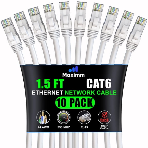 Maximm Cat 6 Ethernet Cable 1.5 ft (10-Pack) - High-Speed LAN Cable, Internet Cable, Patch Cable, and Network Cable - UTP, 10Gbps, 550MHz Ethernet Cord - White