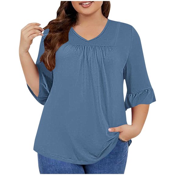 UYISJ Women's Plus Size Tops 3/4 Ruffled Sleeve Shirts Casual V Neck Tunic Tops Pleated Front Hide Tummy Tshirt Loose Fit Blouses Navy 4XL