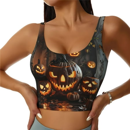 Sports Bras for Women - Halloween Cool Pumpkin Seamless Yoga Bra Workout Crop Top with Removable Pads