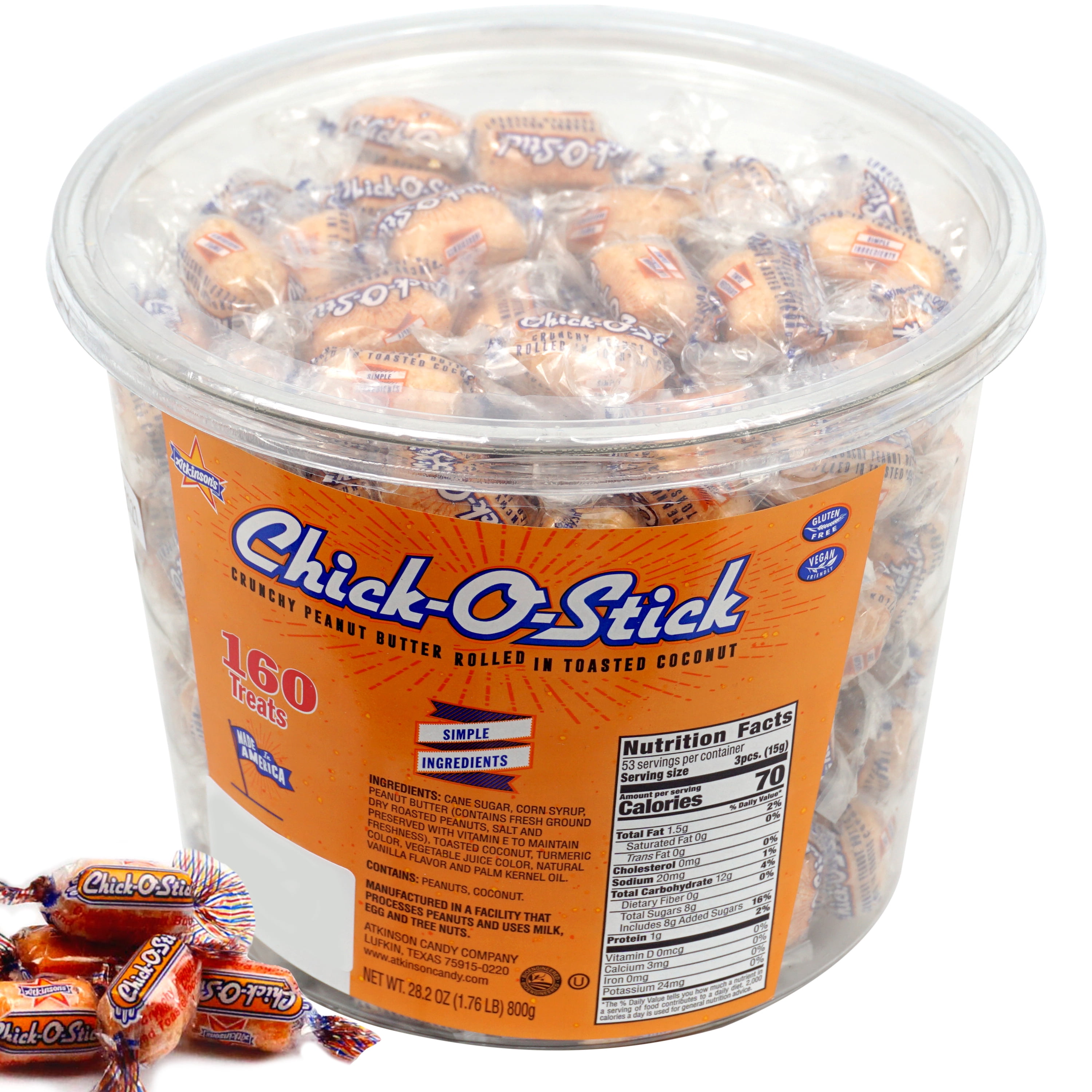 Chick-O-Stick Tub, 160 Pieces, Peanut Butter Bars, Crunchy Peanut Butter Rolled In Toasted Coconut