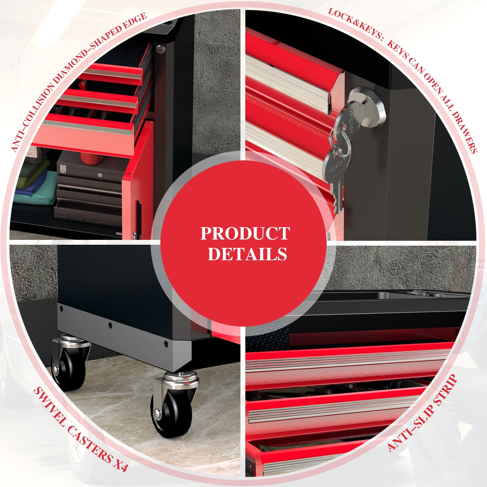 Rolling Tool Chest, 3 Drawers & 2 Doors Metal Tool Box, Heavy Duty Tool Cabinet with 360° Swivel Wheels, Lock & Keys, Stackable with 4/5/7-Drawer Units via Connecting Rods