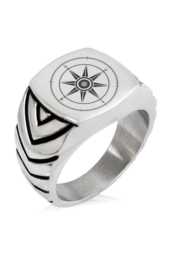 Stainless Steel Nautical Wind Compass Chevron Pattern Biker Style Polished Ring