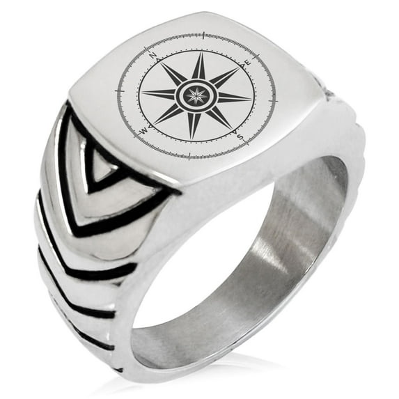 Stainless Steel Nautical Wind Compass Chevron Pattern Biker Style Polished Ring