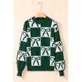 thumbnail image 6 of Women's Blackish Green Checkered Bow Sweater – Casual Long Sleeve Round Neck for Daily Wear | L, 6 of 12