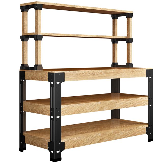 FLEXIMOUNTS Universal Steel Work Bench Leg Kit with a heavy-duty black steel frame, pre-drilled screw holes, and adjustable height, shown assembled with wooden shelves (lumber not included). Customizable dimensions up to 96 inches in length and 48 inches in width. Suitable for garage storage, tool organization, or DIY workbench projects.