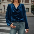 thumbnail image 2 of Telankuip Women's Velvet Loose Fit T Shirts Casual Long Sleeve Solid Color Tee Shirts 2025 Fashion Cowl Neck Drape Ruched Front Soft Comfortable Pullover Tops Fall Winter Outfits Blue L, 2 of 8