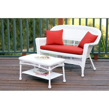 Jeco W00206-LCS018 White Wicker Patio Love Seat And Coffee Table Set With Red Orange Cushion