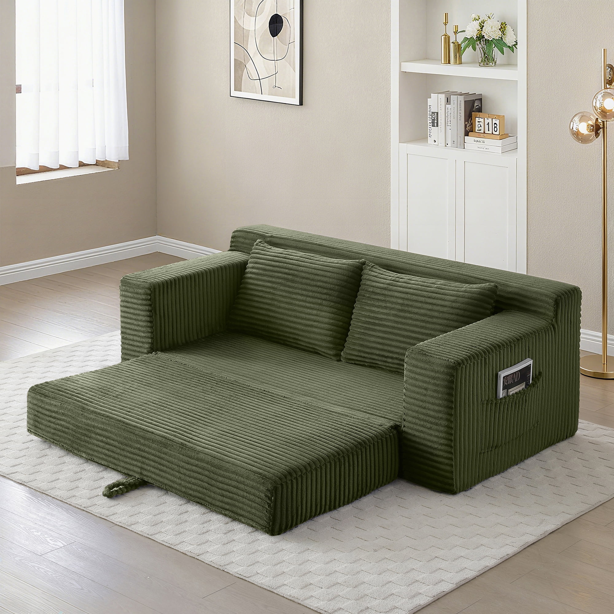 Miniyam Cloud Loveseat Sofa, 2 in 1 Convertible Folding Couch Bed, No Assembly Compressed Corduroy Floor Lounge Sofa for Apartment Office, Green