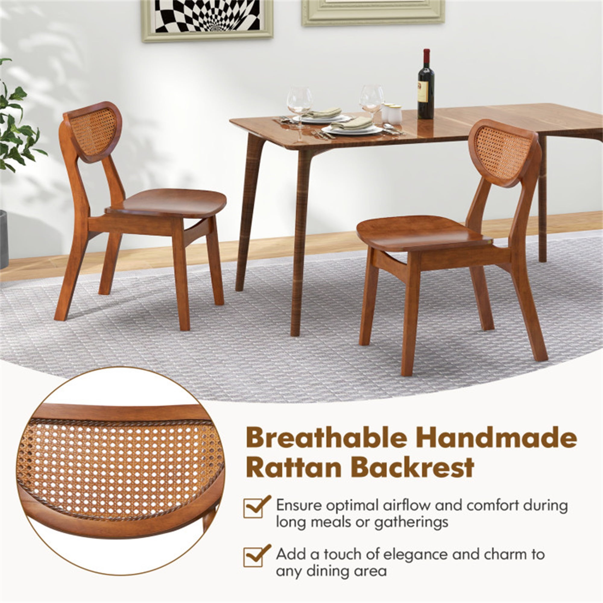 Demi Bonn Wooden Dining Chair Set of 2 with Breathable Mesh Cane Backrest, Brown