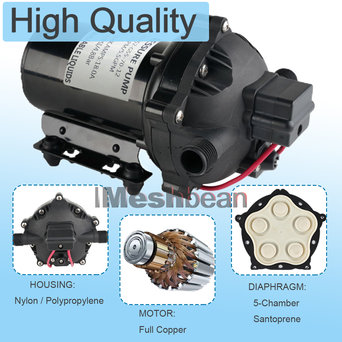 iMeshbean RV Water Pump 5.5 GPM 5.5 Gallons Per Minute 12V Water Pump Automatic 70 PSI Diaphragm Pump with 25 Foot Coiled Hose Washdown Pumps for Boats Caravan Rv Marine Yacht - image 3 of 7