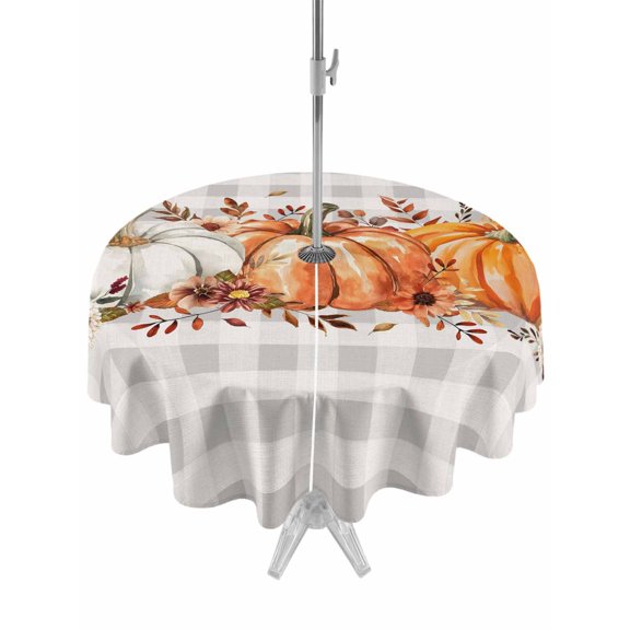 Outdoor Tablecloth with Umbrella Hole and Zipper, Orange Pumpkin Round Table Cloth 54 Inch Waterproof Tablecloth, Thanksgiving Fall Leaves Botanical Plaid Picnic Table Cover for Patio Camping
