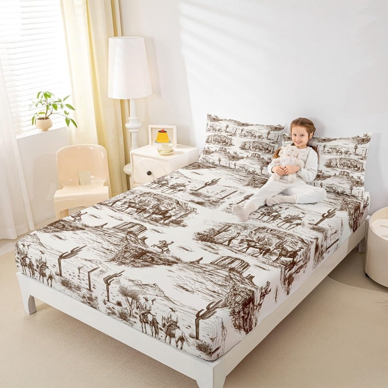 Western Cowboy Fitted Sheet Queen Size Brown Sketch Desert Wild Horse Bedding Set 3Pcs for Kids Boys Men Girls Bedroom Decor Rustic Farmhouse Bed Sheet Animals Deep Pocket Sheet,2 Pillowcase