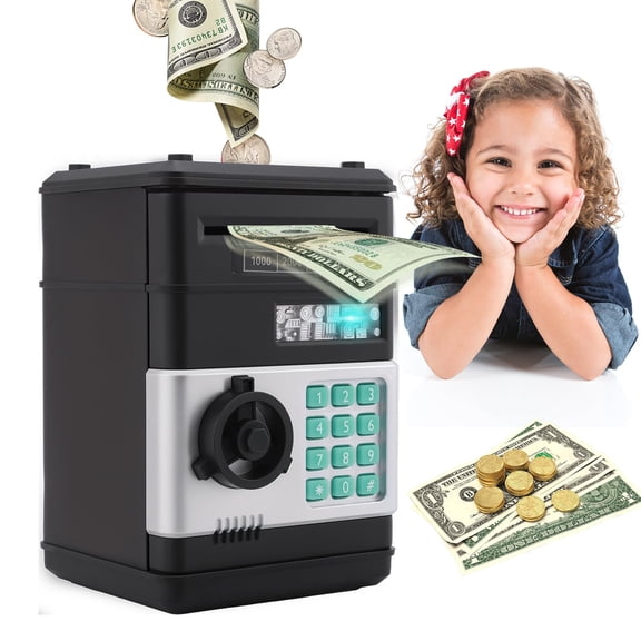 Kids Piggy Bank,Large Capacity and Auto-Scroll Function Electronic Cash Coin Money Saving Box,ATM Machine Money Bank Toy for Kids Aged 3 4 5 6 7 8 9 10 11 12 13 14 Boys and Girls (Black)