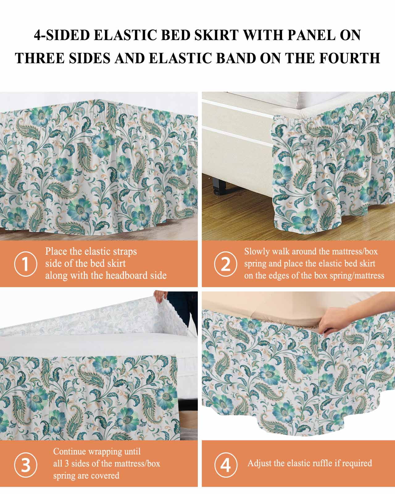 Teal Paisley Floral Wrap Around Bed Skirts for Queen Bed 16" Drop,Bed Skirt with Adjustable Elastic Belt Dust Ruffle Bed Valance for Bedroom Hotel Luxury Boho Ethnic Tribe Traditional Bed Frame Cover