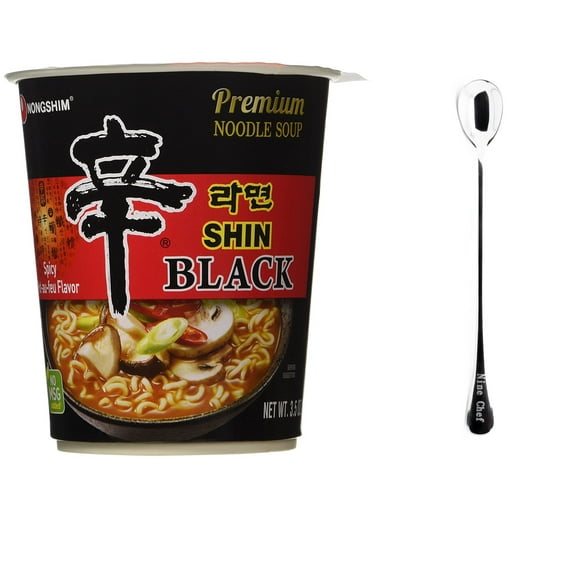 Nongshim Cup Noodle Soup (6 Pack, Shin Black Premium Noodle Soup) Plus NineChef Brand Long Handle Spoon