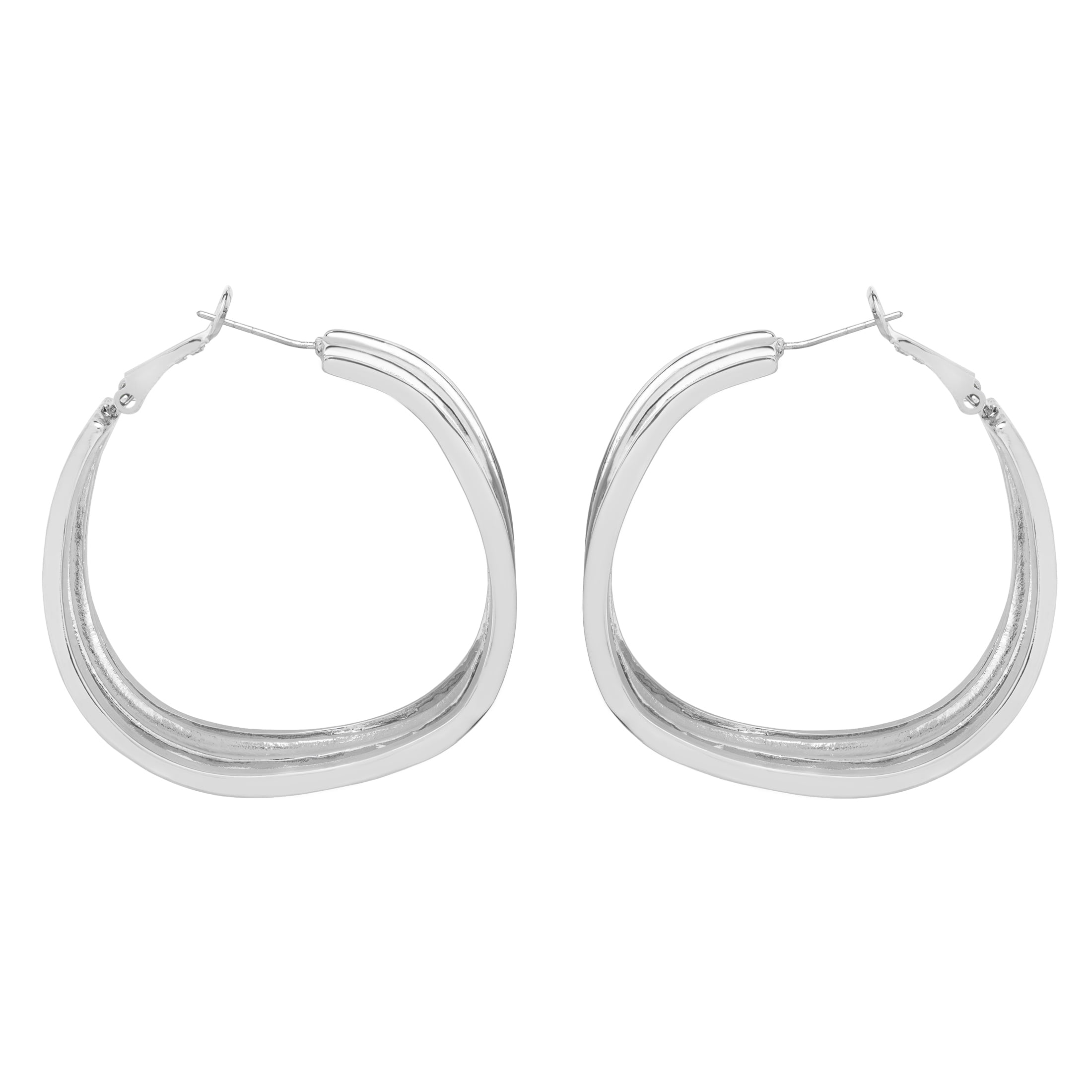 Time and Tru Women's Rhodium Tone Wavy Hoop Earrings