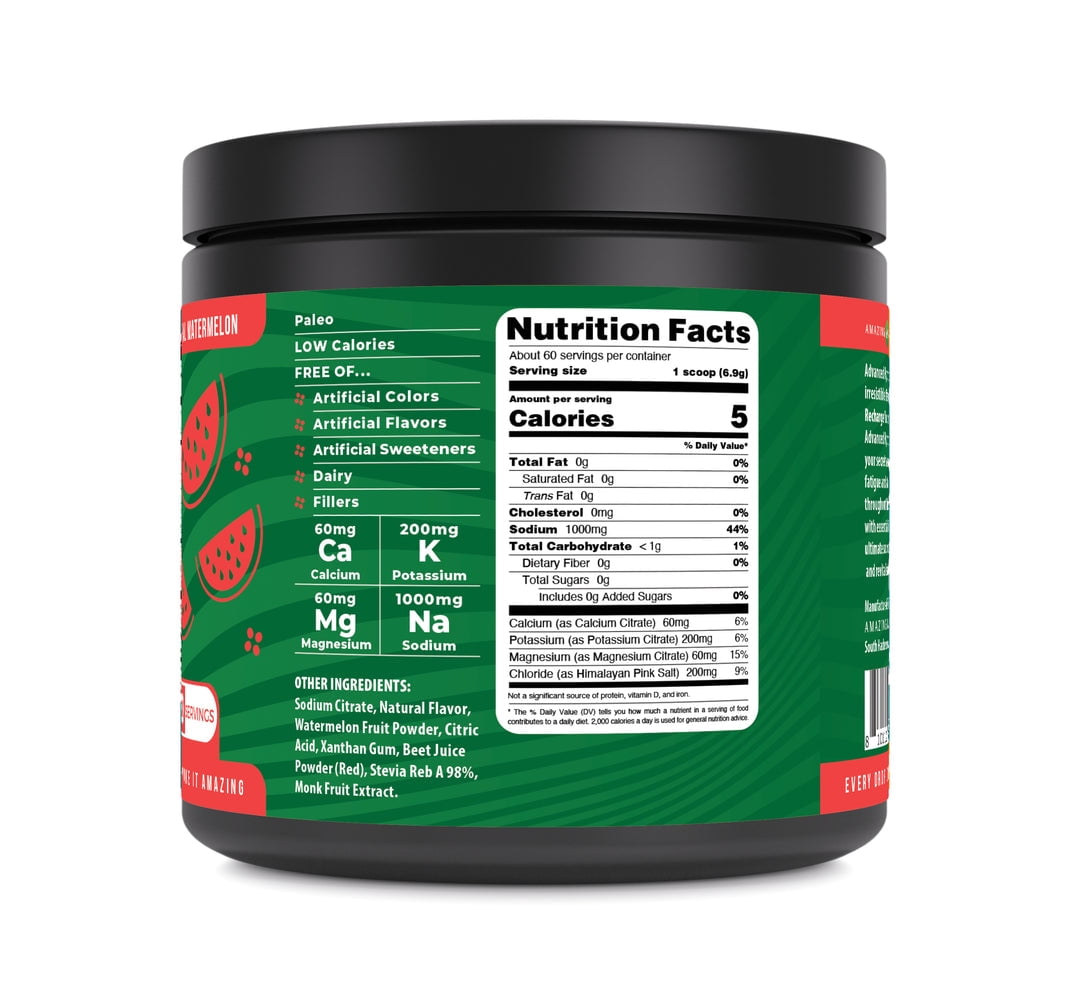 Amazing Nutrition Advanced Hydration, Electrolyte Powder 60 Servings | Natural Watermelon | Packed with Essential Minerals | Sugar-Free | Keto Friendly | Non-GMO | Gluten-Free