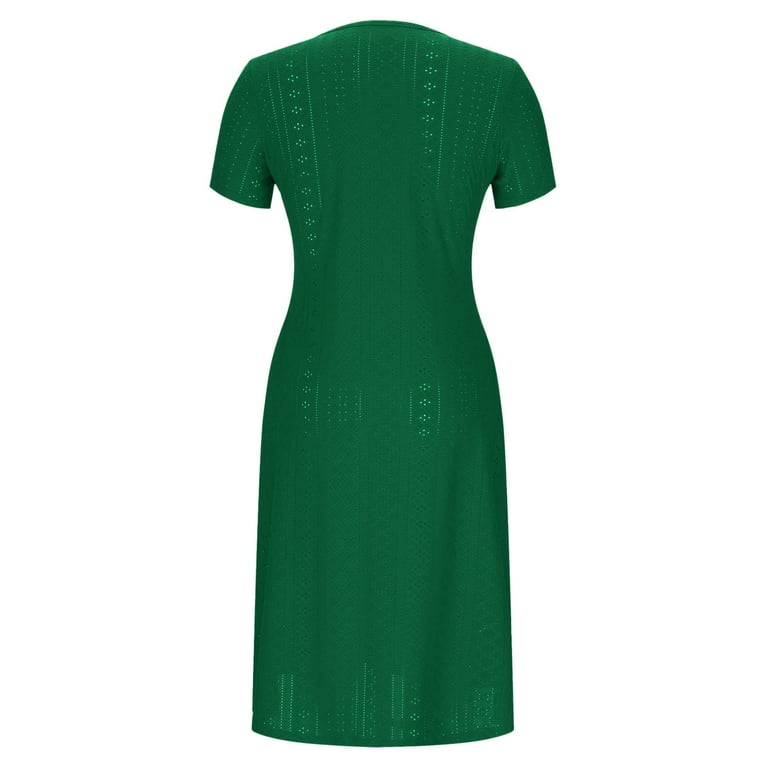 Lorytime Dresses for Women Mid Length Green Summer with Pocket Eyelet Short  Sleeve Midi Dress Hollow out Hawaiian Calf Length Dresses Solid Crewneck  Button Dress Vacation M - Walmart.com