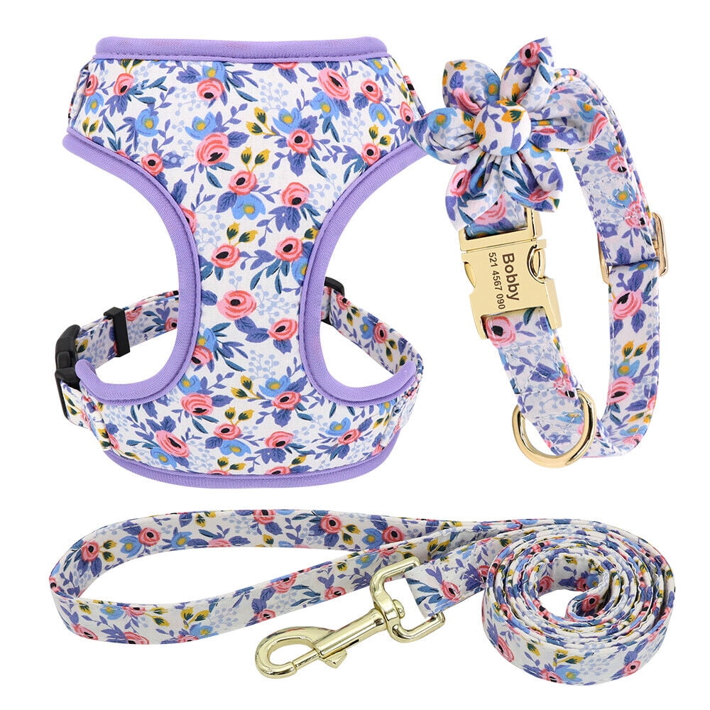 Pet Artist 3pcs Floral Nylon Dog Harness Vest and Leash and Collar set Custom Personalized for Pets