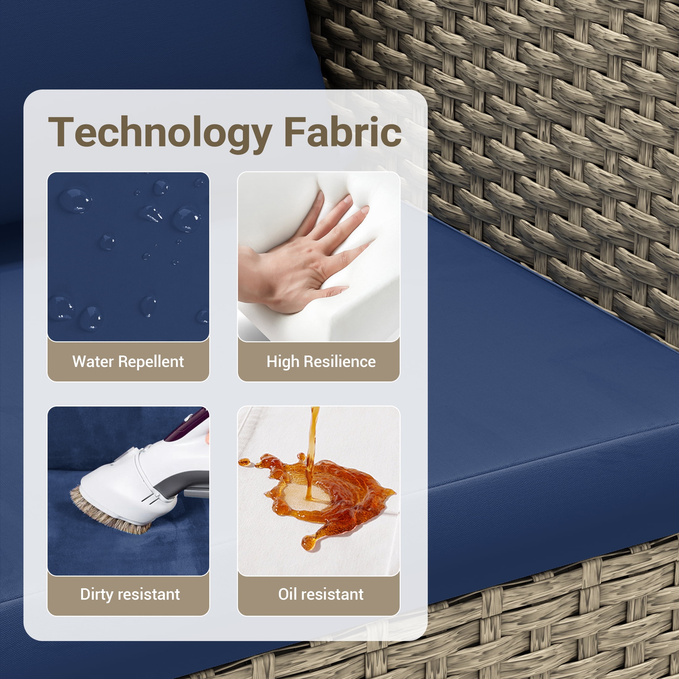 POTEBAN 5 Pieces Outdoor Patio Furniture Set, Outdoor Wicker Patio Conversation Set with Cushions for Backyard, Porch, Garden(Navy Blue)