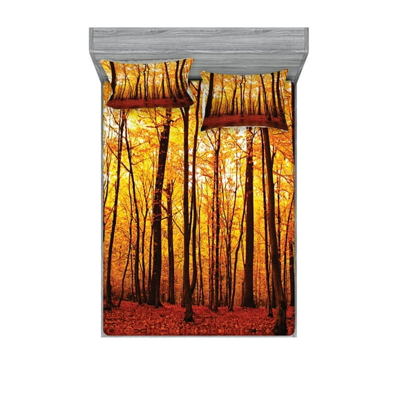 Ambesonne Nature Fitted Sheet & Pillow Sham Set, Autumn Forest Trees, Full, Brown Orange