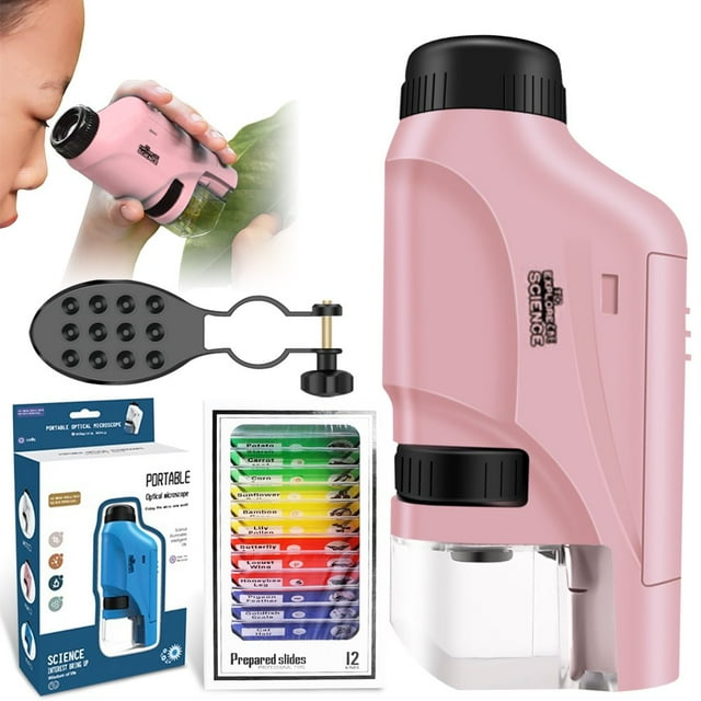 60-120x Pocket Microscope Electric Mini Microscope with LED Light Portable High Definition Children Microscope with Specimens for Kids Students Microbiological Observation Learning