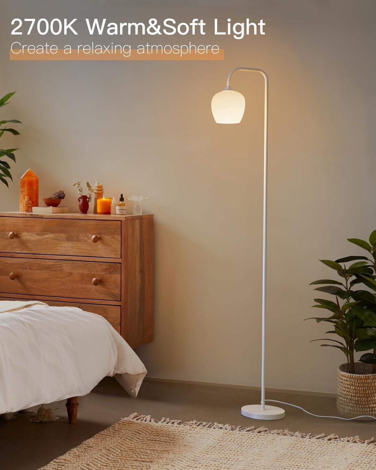 ONEWISH 65" Floor Lamp for Living Room, Modern Standing Lamp with Opal Glass Lamp Shade, Safe Tall Floor Lamp with LED Bulb and Foot Switch for Bedroom(White)