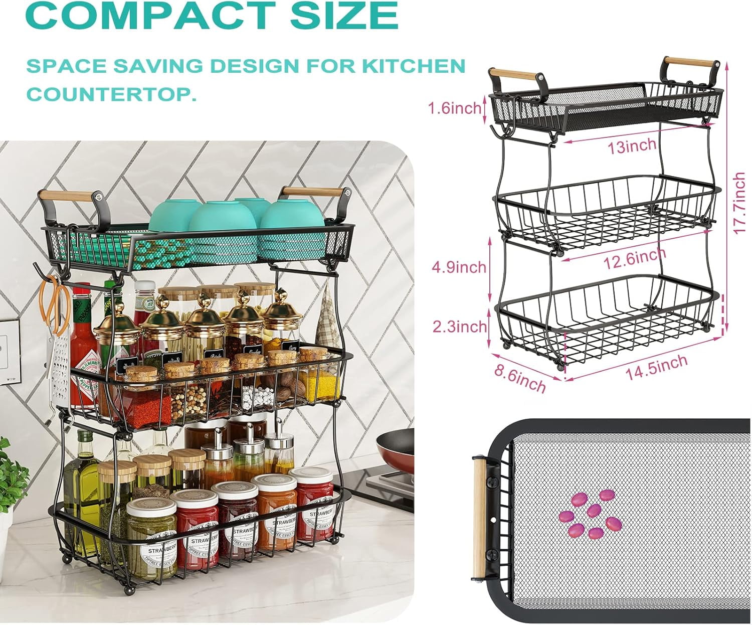 Fruit Basket 3 Tier with 2 Banana Hangers, Countertop Fruit Vegetable Basket Bowl for Kitchen Counter Metal Mesh Basket Fruits Stand Produce Holder Organizer for Onion Potato Bread Snack Veggie