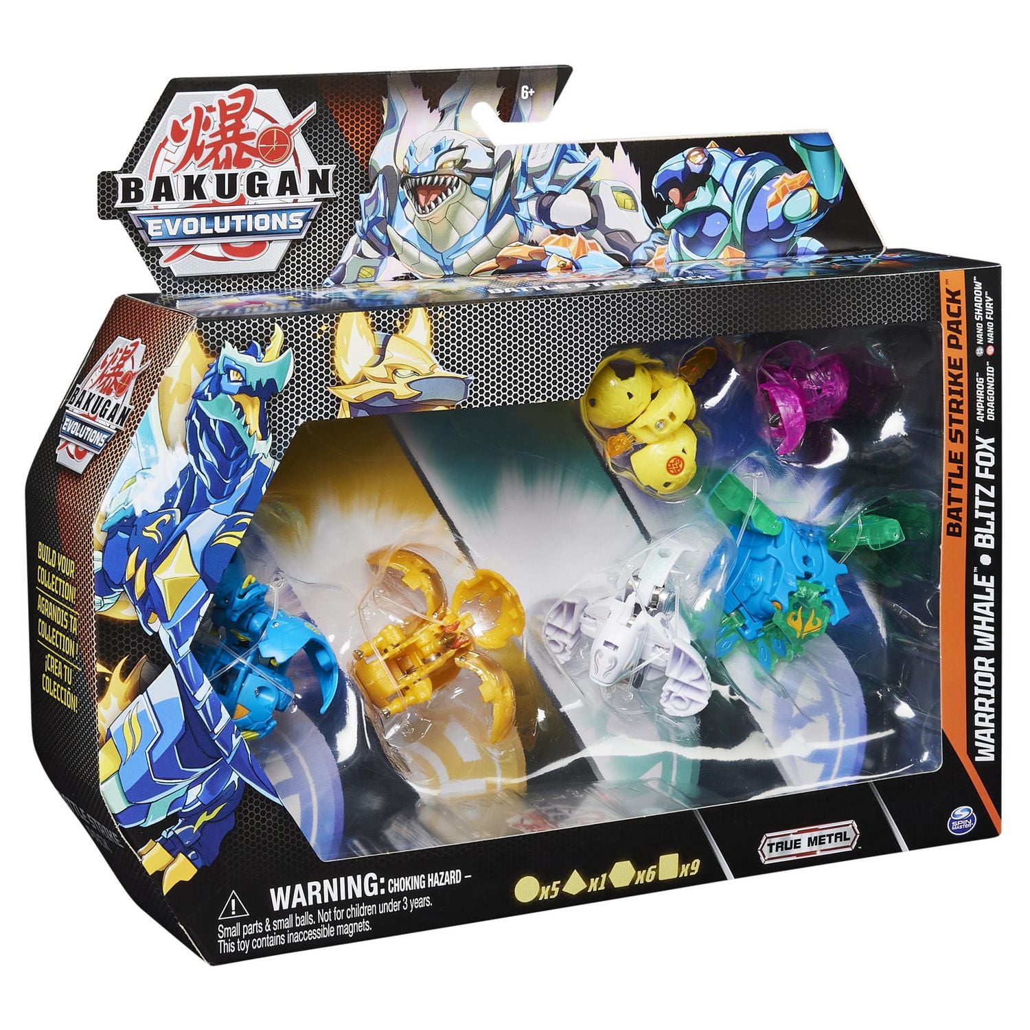 Bakugan Evolutions, Coffret Battle Strike Warrior Whale et Blitz Fox, 6 figurines articulées Bakugan, 9 cartes à collectionner et 8 BakuCores, jouets pour garçons à partir de 6 ans