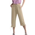 thumbnail image 2 of Hauaitttt Women's Solid Color Drawstring Cropped Linen Pants Casual Capri TrousersTrousers Women Pants Casual Elastic Waist Straight Leg Womens plus Size Pants Casual Work Linen Womens Casual Pants, 2 of 8