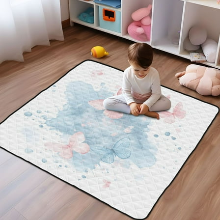 WOBOGO Pink and Blue Butterflies Baby Playmats Extra Large Waterproof Rollable Activity Pads for Toddlers 50×50inch