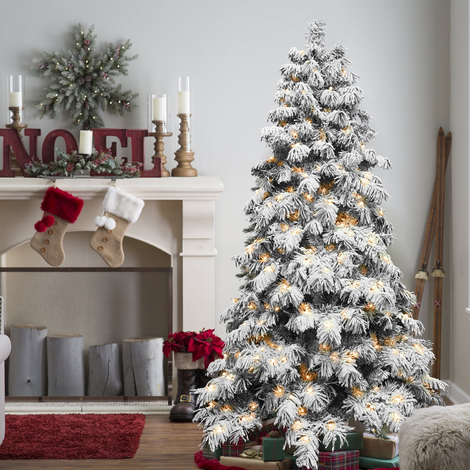 Euroco 7ft Flocked Scarecrow-Shaped Christmas Tree with 360 Warm White LED Lights, 890 PVC Memory Wire Tips,Power Pole & Hinged Structure – Realistic Snowy Holiday Tree