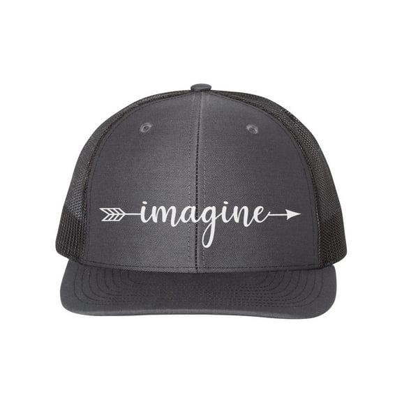Imagine Hat, Imagine Arrow, Trucker Hat, Trendy Hats, Headwear, 10 Different Colors, Adjustable Snapback, Caps, Imagine Apparel, White Text, Charcoal/Black