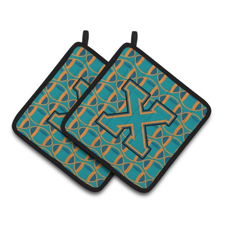 Letter X Football Aqua  Orange and Marine Blue Pair of Pot Holders