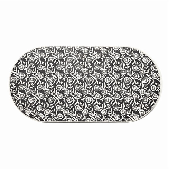 Handcrafted Bone Inlay Oval Coffee Table – Romantic Floral Design in Black and Off-White with Cream Border