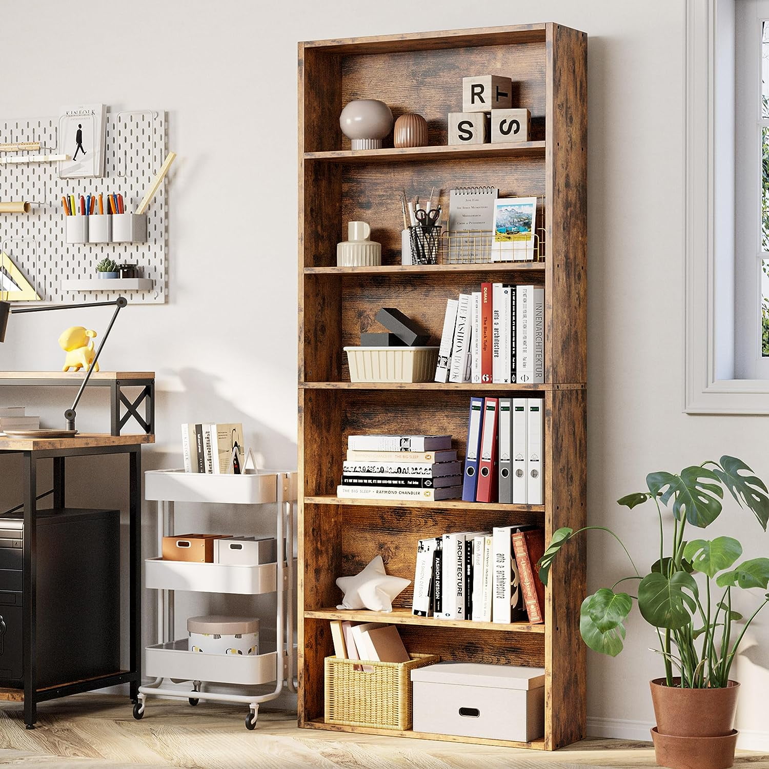 Industrial Bookshelves and Bookcases Floor Standing 6 Shelf Display Storage Shelves 70 in Tall Bookcase Home Decor Furniture for Home Office, Living Room, Bed Room, Vintage Brown