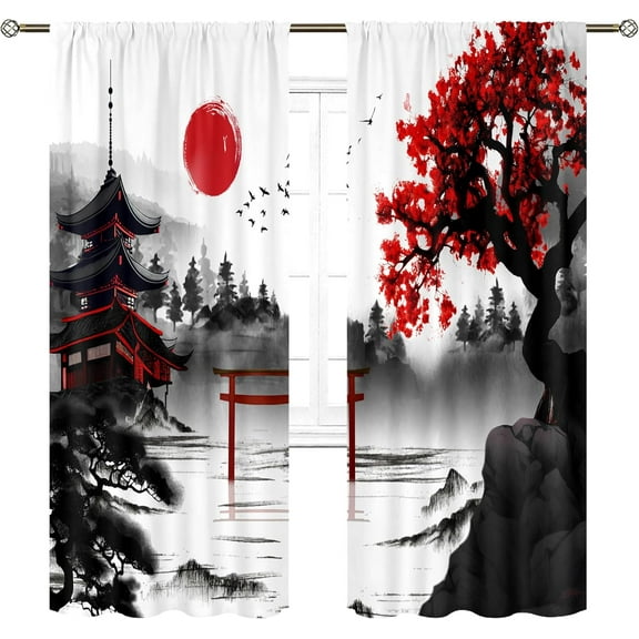 Black Red Japanese Cherry Blossom Curtains 52Wx84H Inch Rod Pocket Asian Anime Chinese Watercolor Mountain Sun Aesthetic Art Printed Living Room Bedroom Window Drapes Treatment Fabric 2 Panels