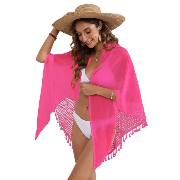 Pareos de Playa Bohemios para Mujer, Pareos de Transparente para Bikini, Faldas para Trajes de Baño. Rosa Roja Talla Única