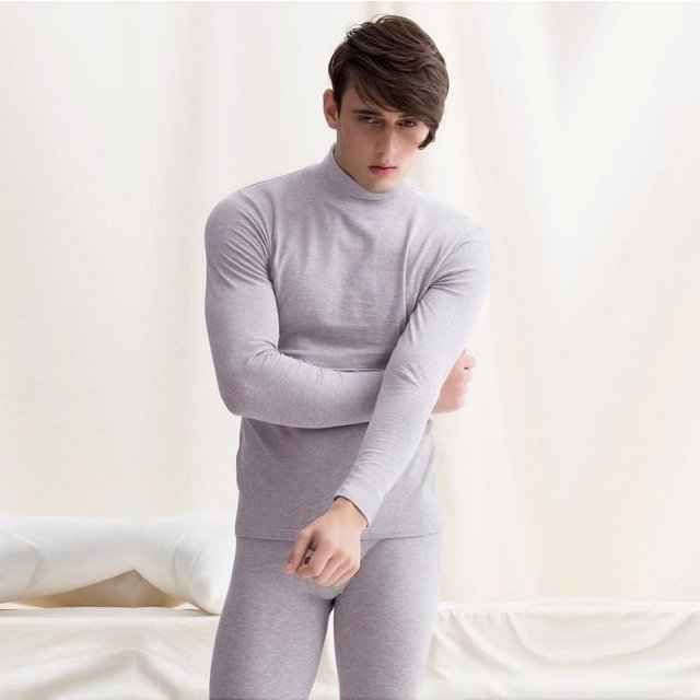 Conjunto de ropa interior térmica de cuello medio alto para hombre de otoño e invierno Ropa y pantalones de cuello medio alto con forro polar Ropa interior térmica de papá