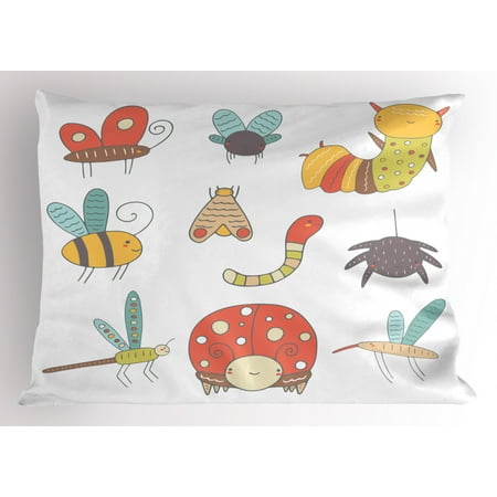 Toddler Pillow Sham Nursery Doodle Bugs And Insects Smiling