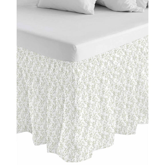 Sage Green Botanical Wrap Around Bed Skirts for Queen Bed 16" Drop,Bed Skirt with Adjustable Elastic Belt Dust Ruffle Bed Valance for Bedroom Hotel Plant Flower Floral Tree Branch Bed Frame Cover