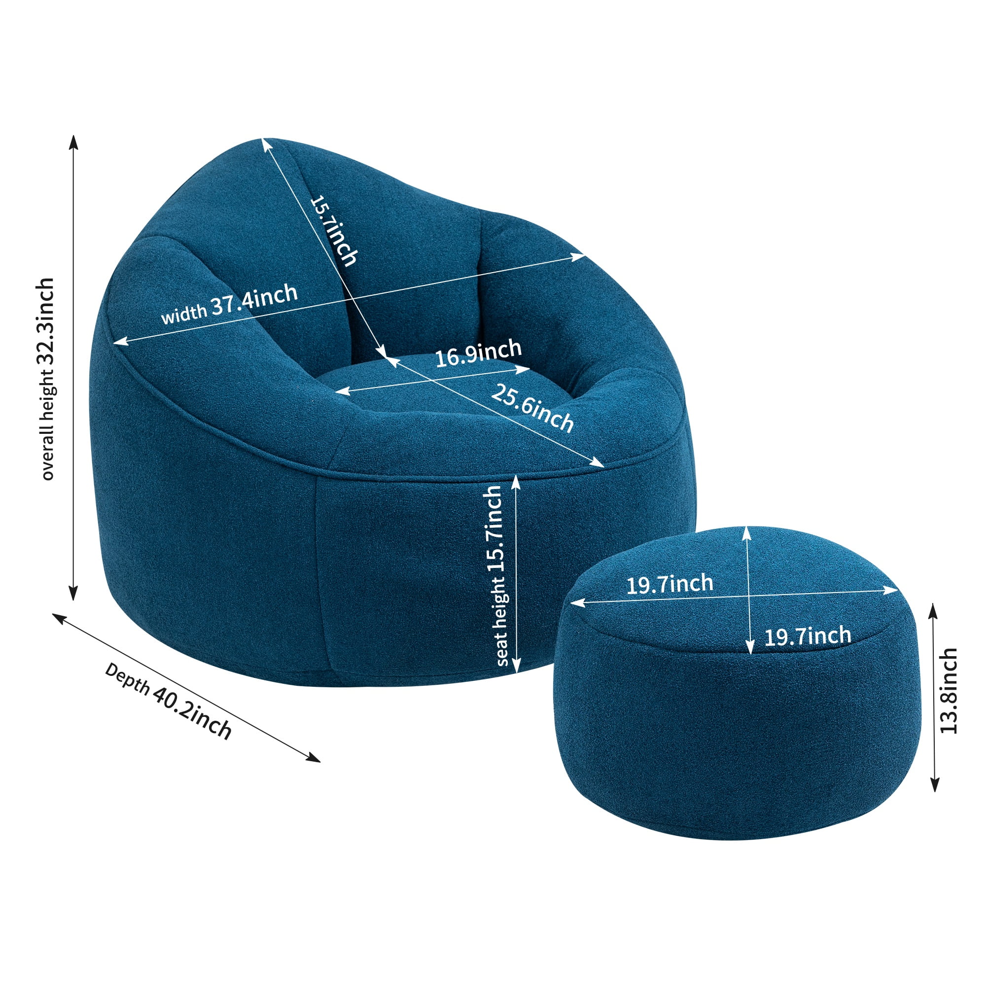 PORKISS Oversized Bean Bag Chair with Ottoman, Memory Foam Super Soft Lazy Couch for Adults Teens Kids, Microfiber Blue