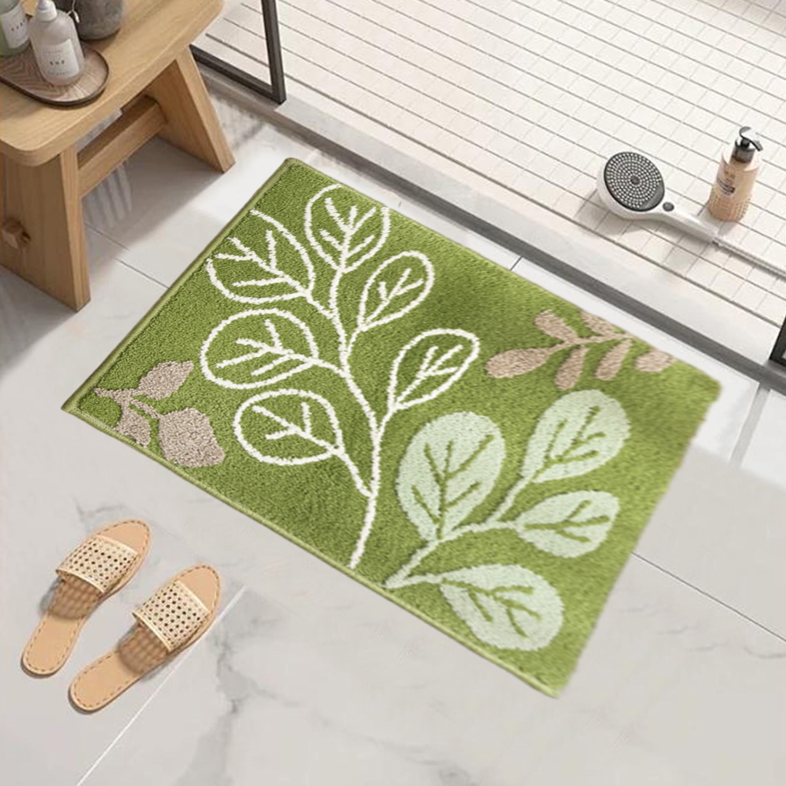 XEOVHV Green Leaf Non Slip Bathroom Rugs, Cute Plant Absorbent Bath Mat, Funny Botanical Floor Bathmat Washable Small Bath Matt Bathroom Decor-16''x24''