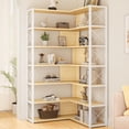thumbnail image 3 of 7 Tier Corner Bookshelf, Tall Bookcase with 14 Open Shelves, Freestanding L-shaped Display Bookshelf, Industrial Corner Shelf for Living Room, White Frame & Oak Shelf, 3 of 15