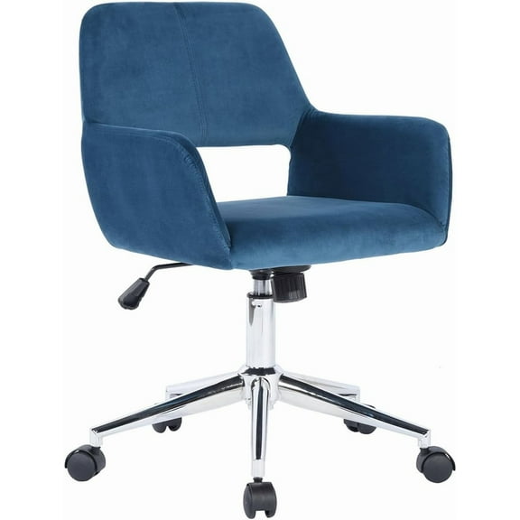 FurnitureR Home Office Chair, Mid Back Velvet Upholstered Vanity Desk Chairs with Rolling Wheels, Adjustable Task Chair for Living Room, Bedroom, Make-up, Studying, Small Spaces - Dark Blue